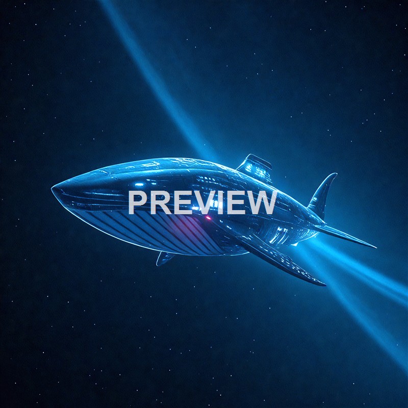 A futuristic, sleek spaceship resembling a whale, glowing with blue lights, is floating in space against a backdrop of stars and a bright streak of light.